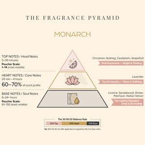 Monarch fragrance pyramid: top, heart and base notes