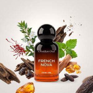Obsidian Oud French Nova perfume bottle with its fragrance notes