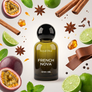 Royal Diva French Nova perfume bottle with its fragrance notes