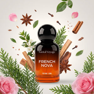 Santal Voyage French Nova perfume bottle with its fragrance notes
