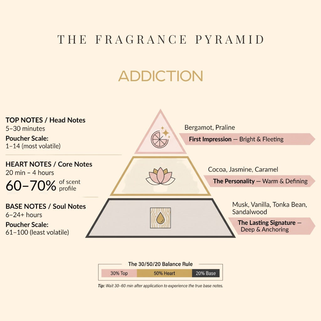Addiction fragrance pyramid: top, heart and base notes