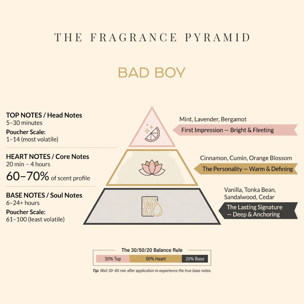 Bad Boy fragrance pyramid: top, heart and base notes
