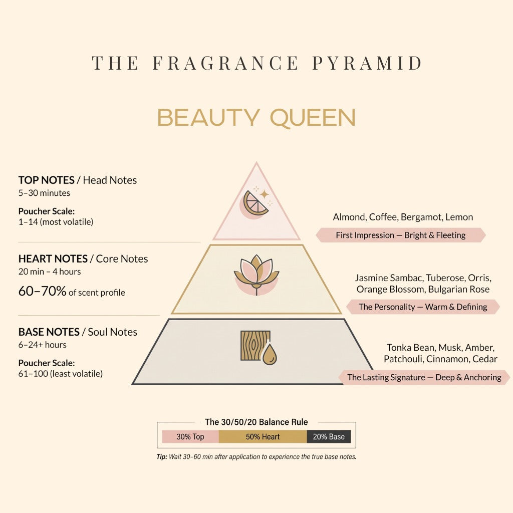 Beauty Queen fragrance pyramid: top, heart and base notes