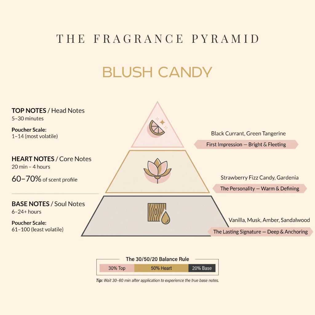 Blush Candy fragrance pyramid: top, heart and base notes