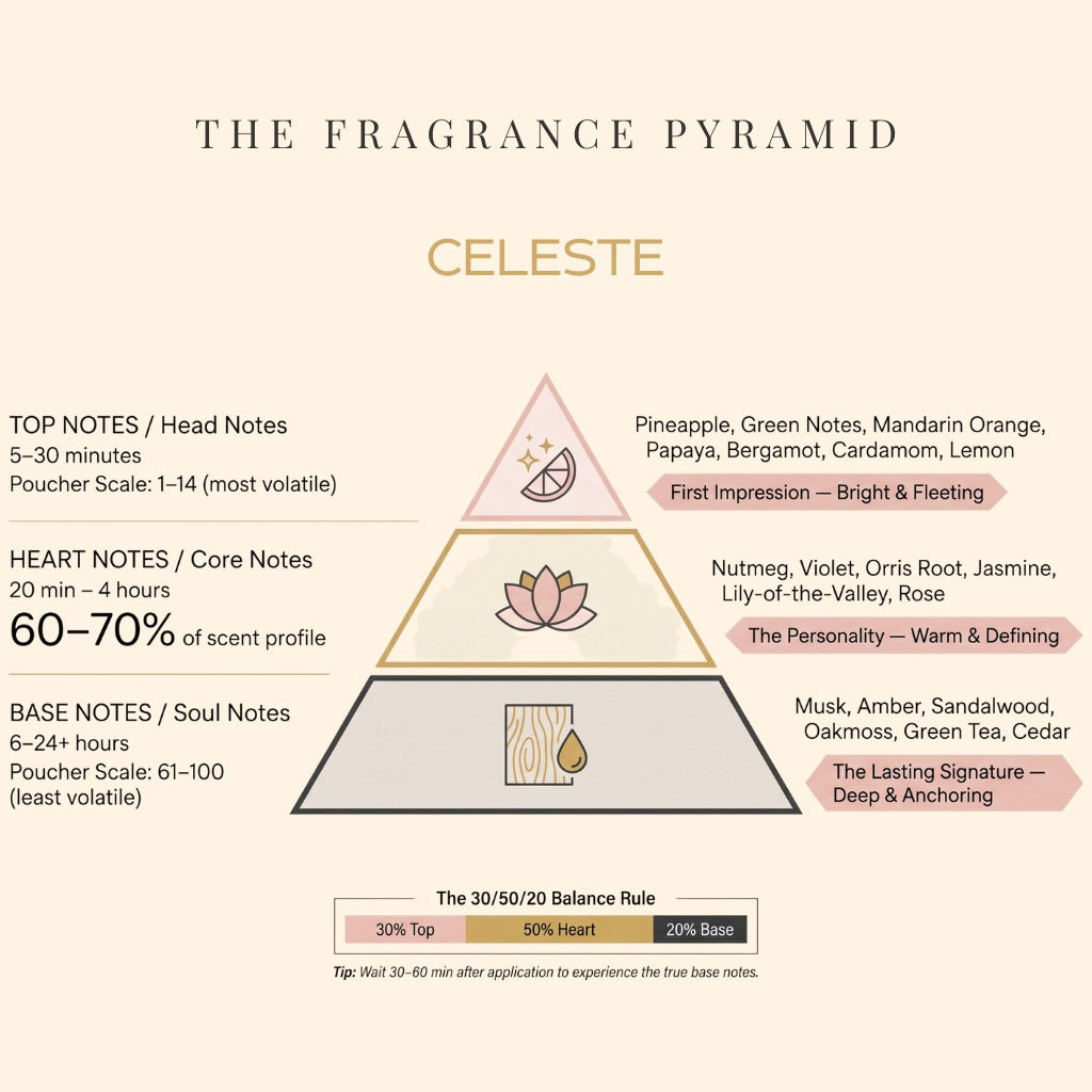 Celeste fragrance pyramid: top, heart and base notes