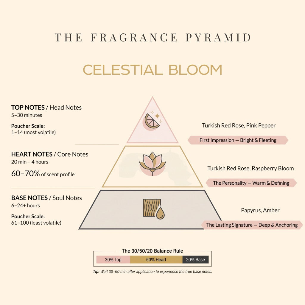 Celestial Bloom fragrance pyramid: top, heart and base notes