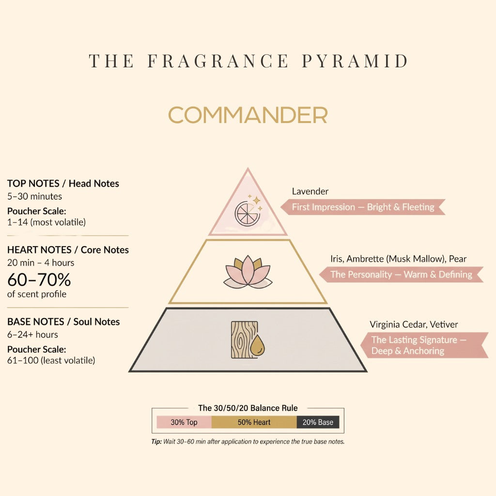 Commander fragrance pyramid: top, heart and base notes