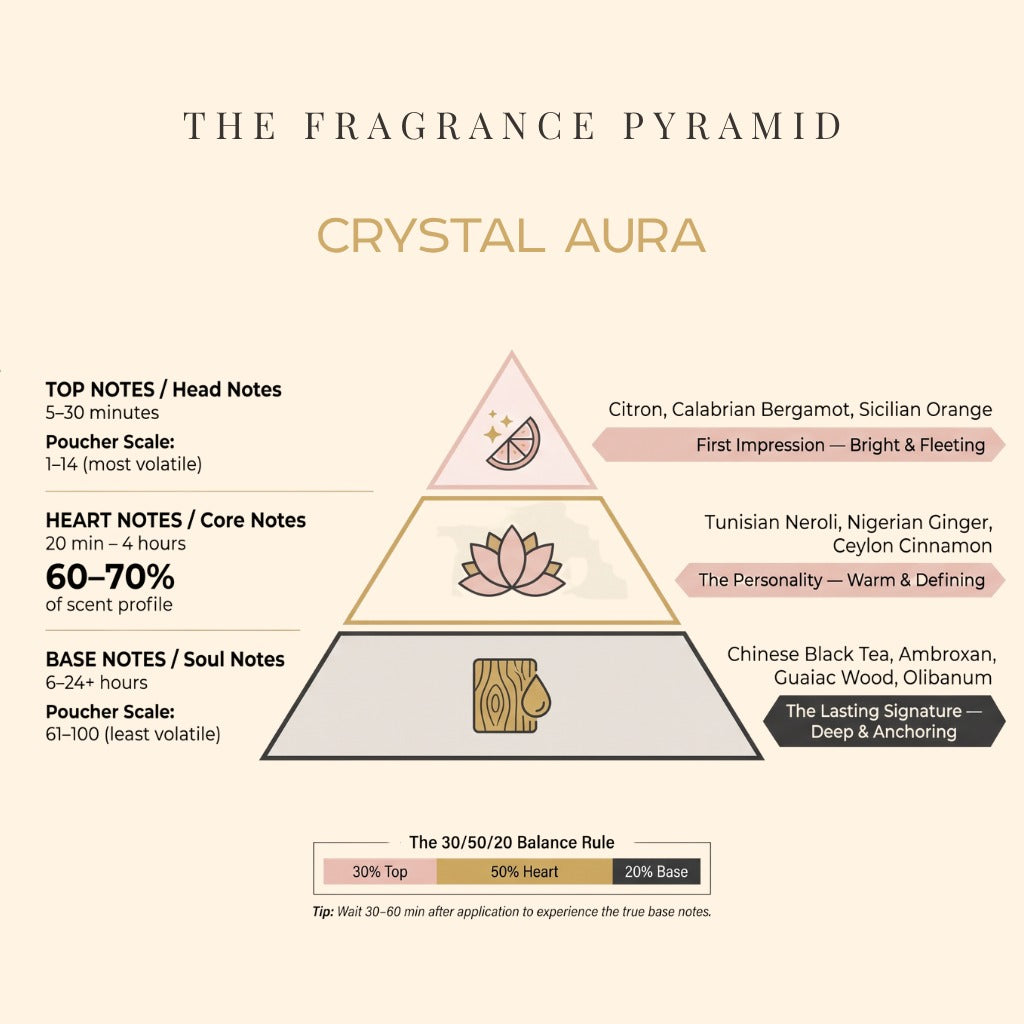 Crystal Aura fragrance pyramid: top, heart and base notes