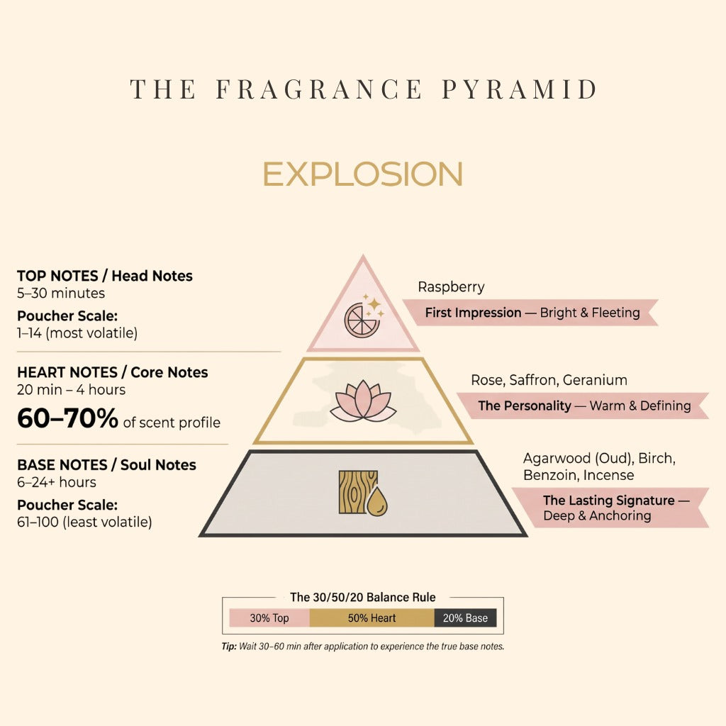 Explosion fragrance pyramid: top, heart and base notes