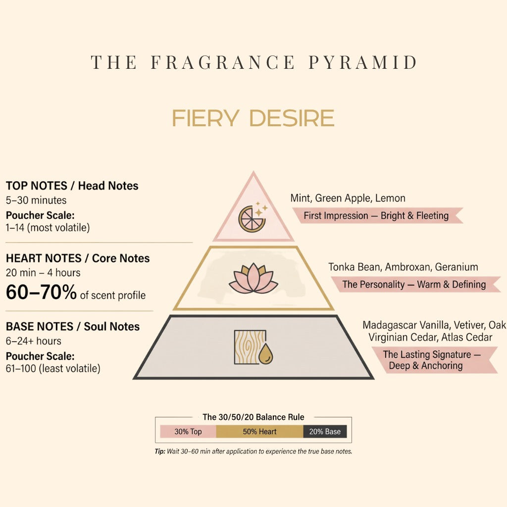 Fiery Desire fragrance pyramid: top, heart and base notes