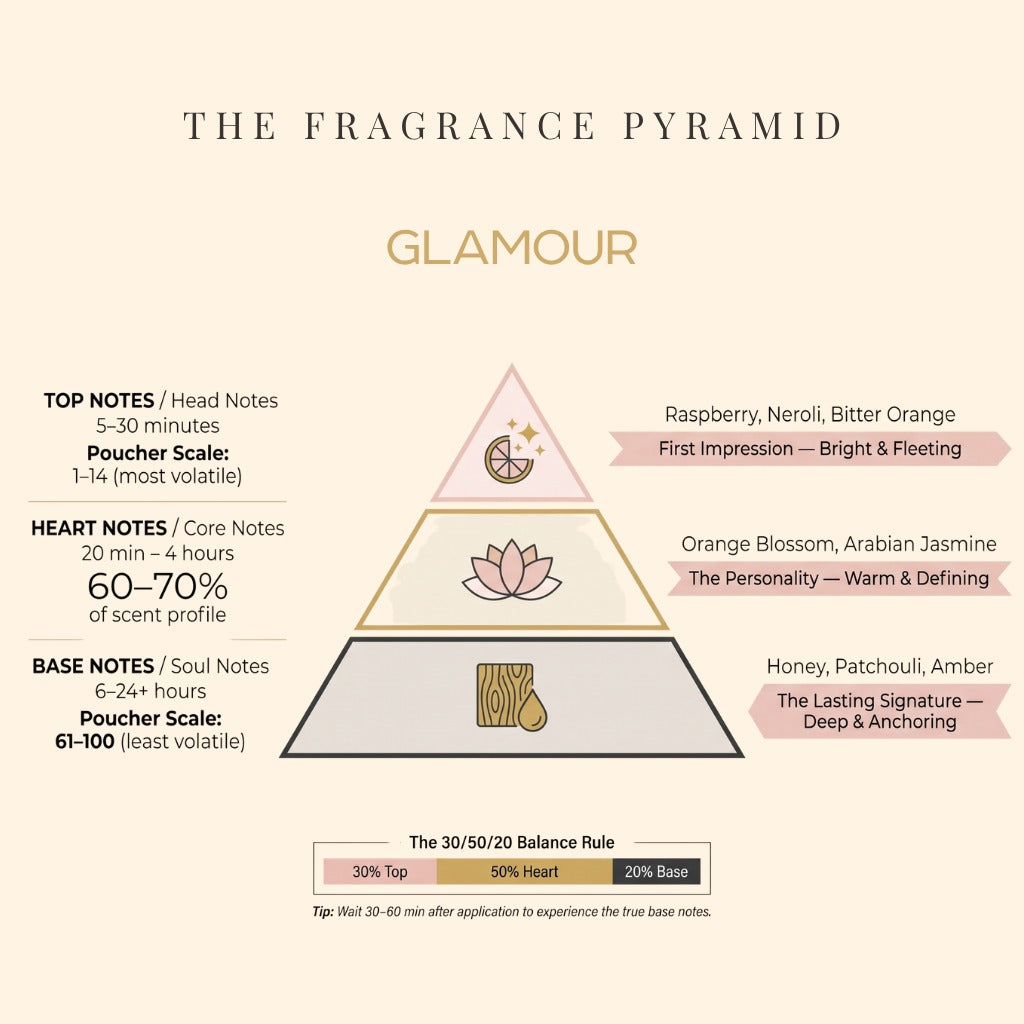 Glamour fragrance pyramid: top, heart and base notes
