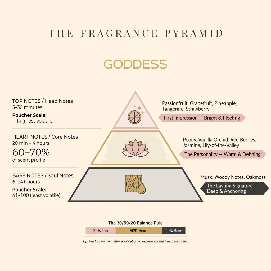 Goddess fragrance pyramid: top, heart and base notes