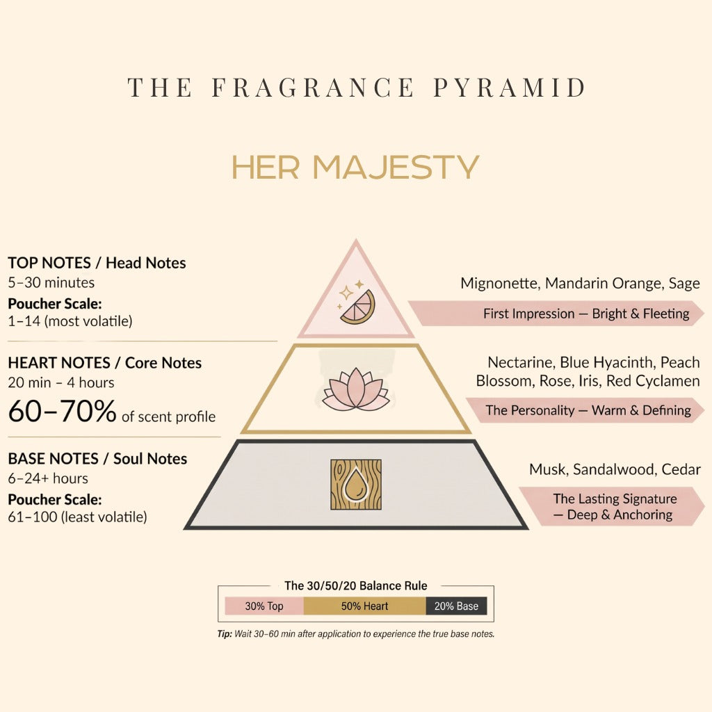 Her Majesty fragrance pyramid: top, heart and base notes