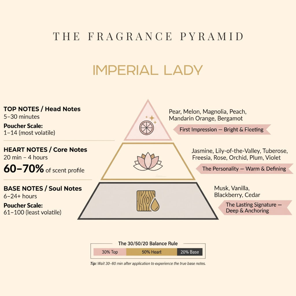 Imperial Lady fragrance pyramid: top, heart and base notes
