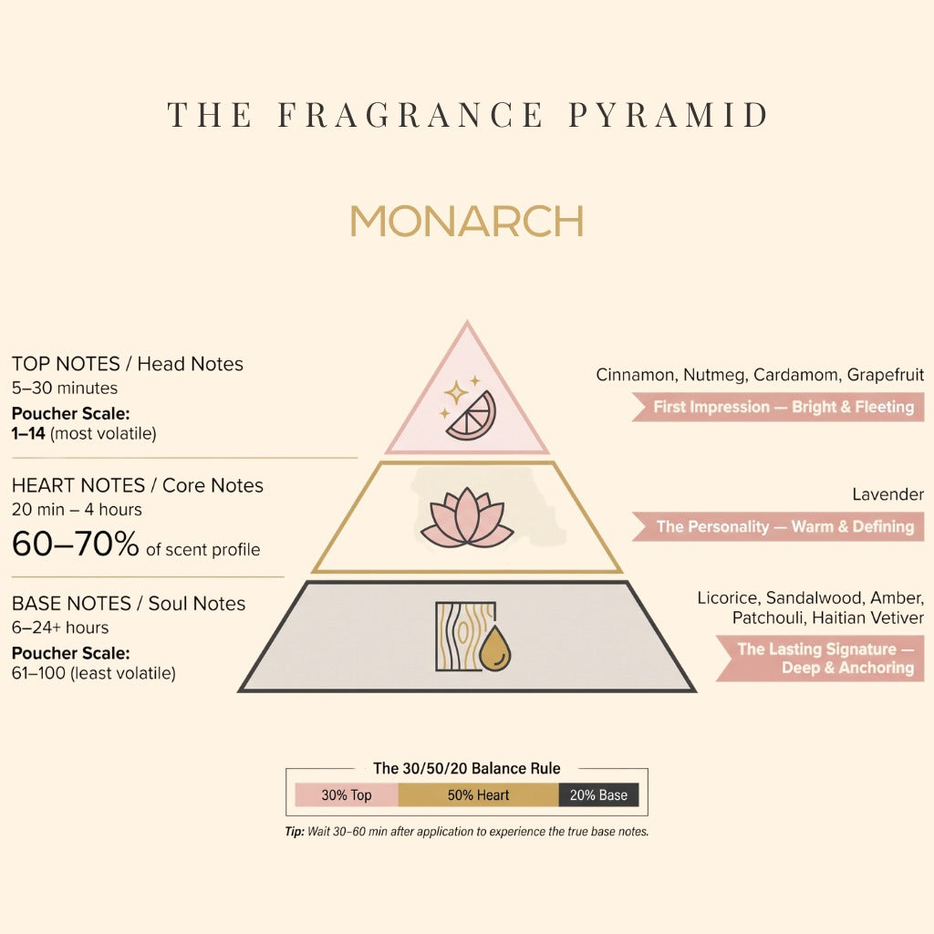 Monarch fragrance pyramid: top, heart and base notes
