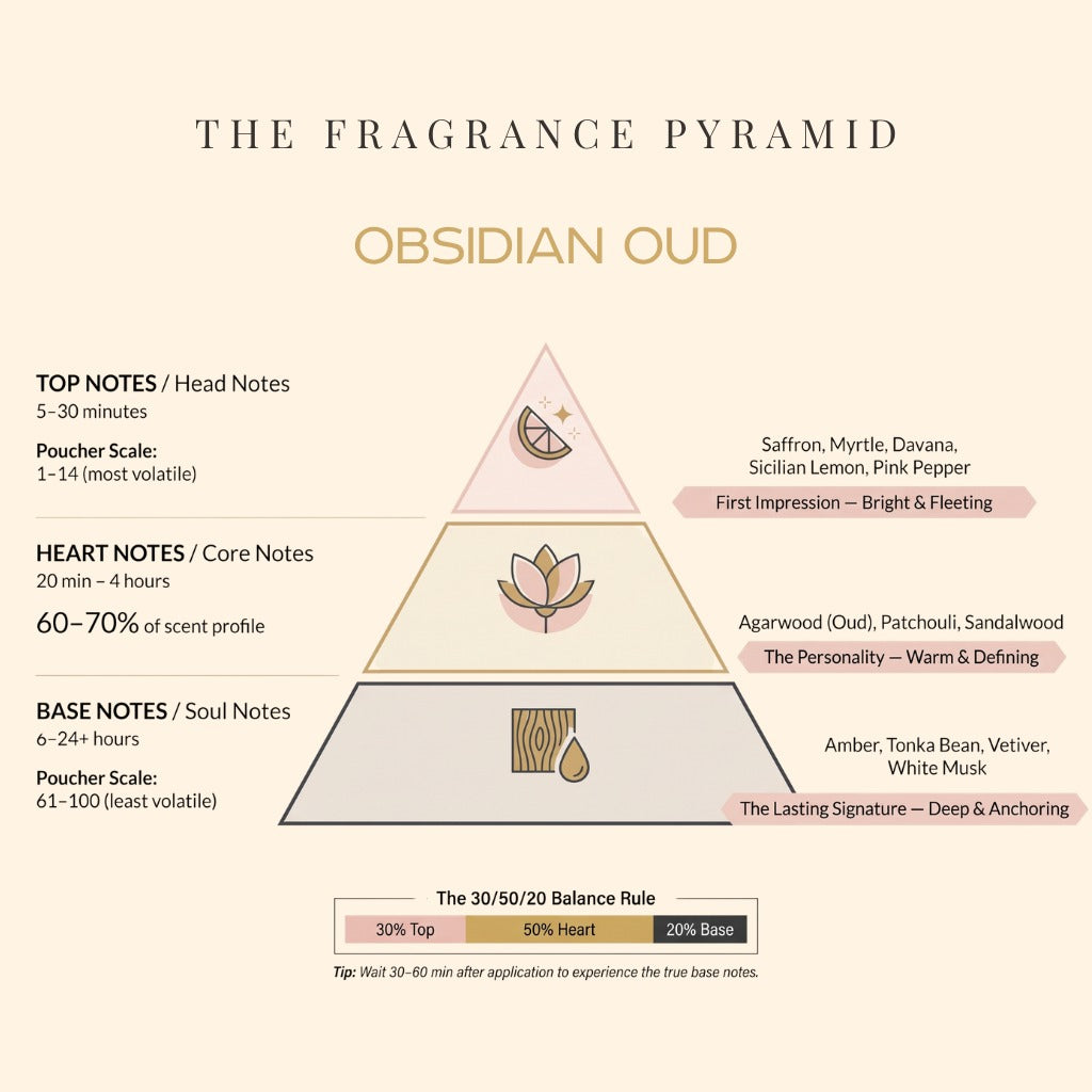 Obsidian Oud fragrance pyramid: top, heart and base notes