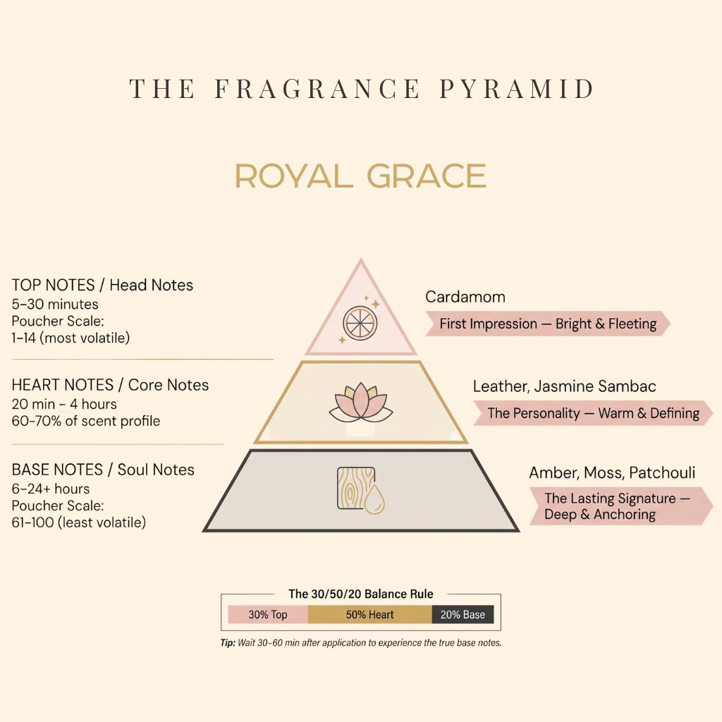 Royal Grace fragrance pyramid: top, heart and base notes