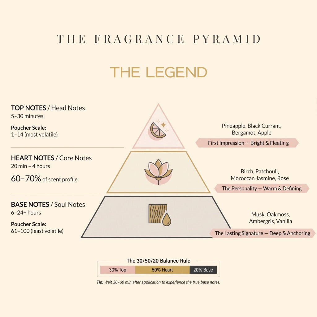 The Legend fragrance pyramid: top, heart and base notes