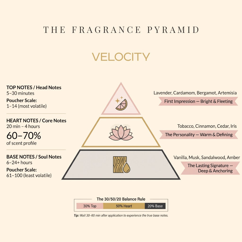 Velocity fragrance pyramid: top, heart and base notes
