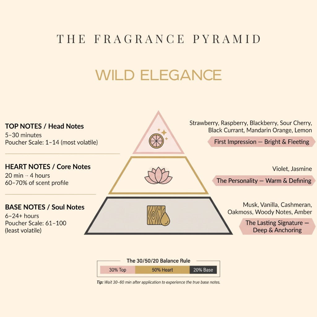 Wild Elegance fragrance pyramid: top, heart and base notes