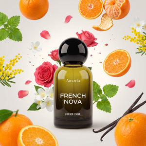Amoria French Nova perfume with its notes: orange, mandarin, rose, mimosa, vanilla