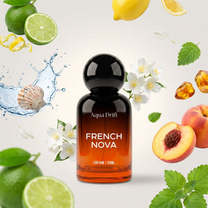 Aqua Drift French Nova perfume with its notes: lime, lemon, jasmine, peach, amber