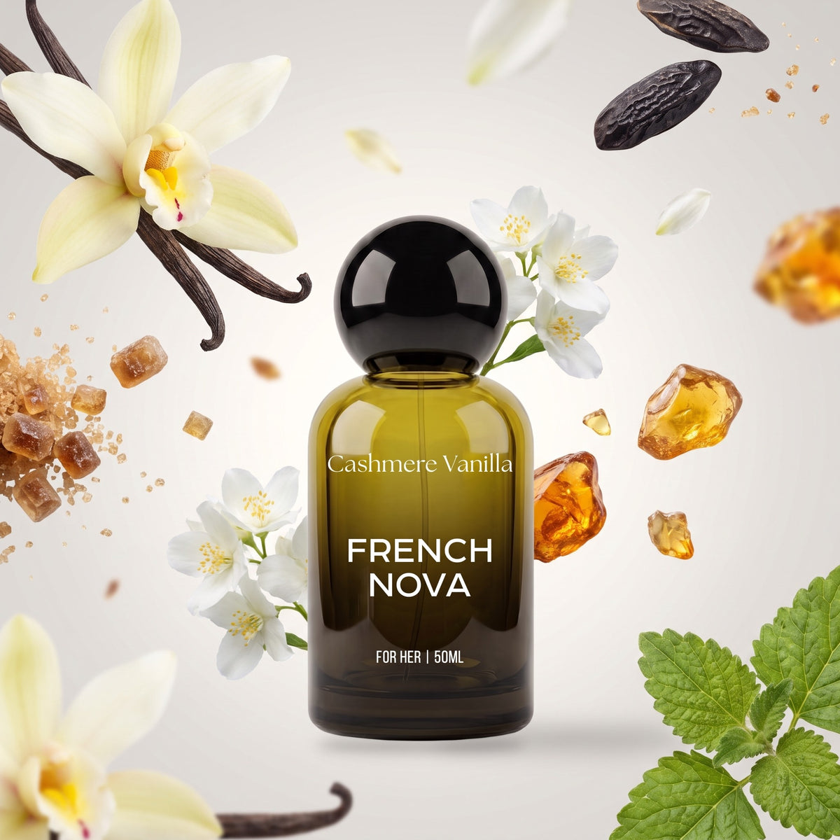 Cashmere Vanilla French Nova perfume bottle with its fragrance notes