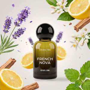 Divine Sin French Nova perfume bottle with its fragrance notes