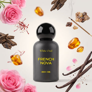White Oud French Nova perfume bottle with its fragrance notes